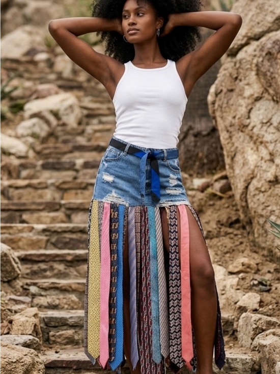 Upcycled Dresses & Skirts - Upcycled Multicolor Tie-Strip Denim Maxi Skirt size L